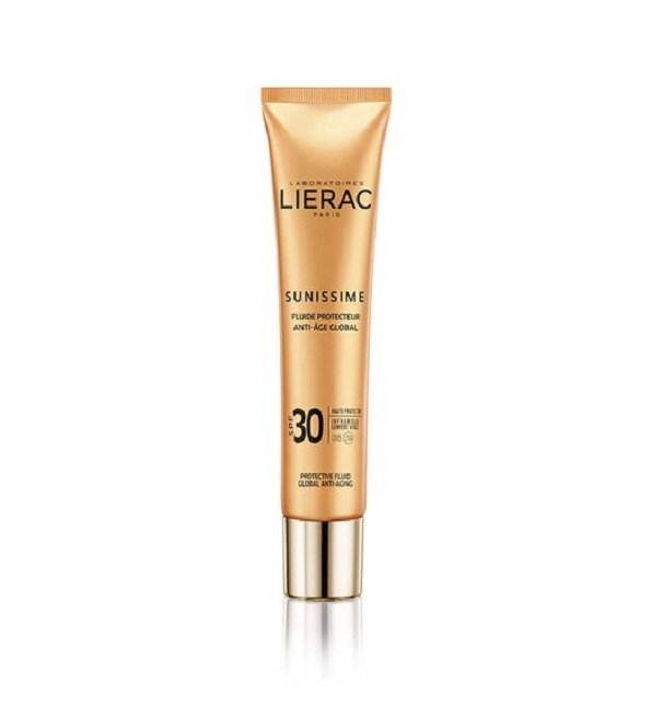 Lierac Sunissime Fluide Protecteur Anti-Âge Global SPF30 40 ml, tube doré, crème solaire visage anti-âge