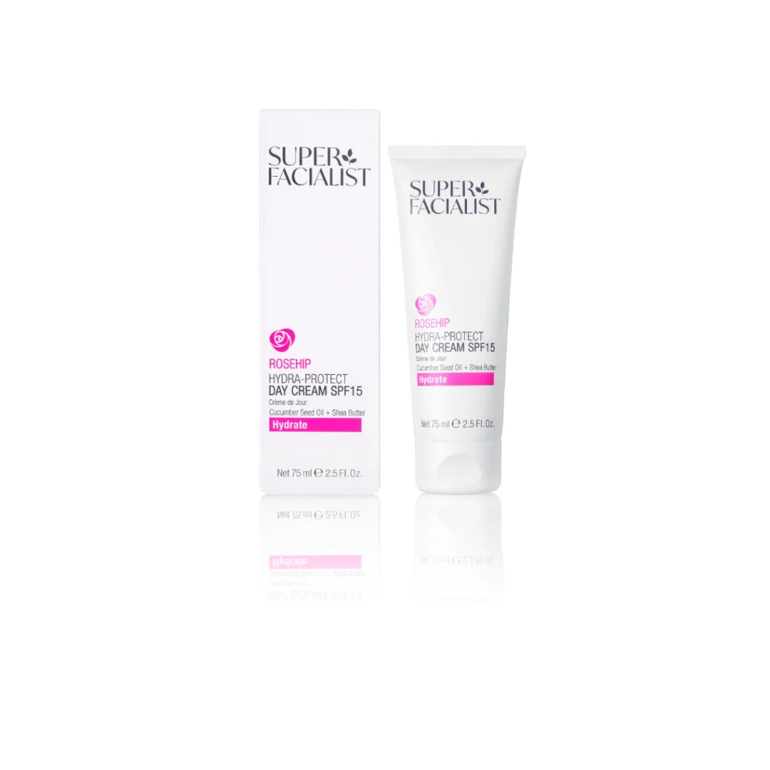 Super Facialist Rosehip Hydra-Protect Day Cream SPF15 75 ml — tube et boîte, crème de jour peau sèche