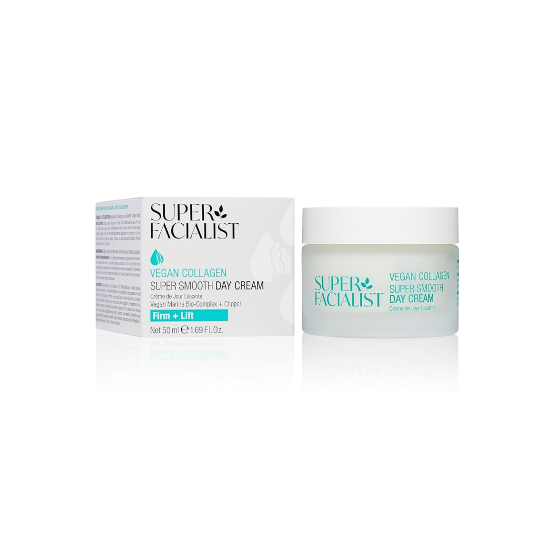 Super Facialist Vegan Collagen Super Smooth Day Cream 50 ml — pot et boîte, crème de jour lissante