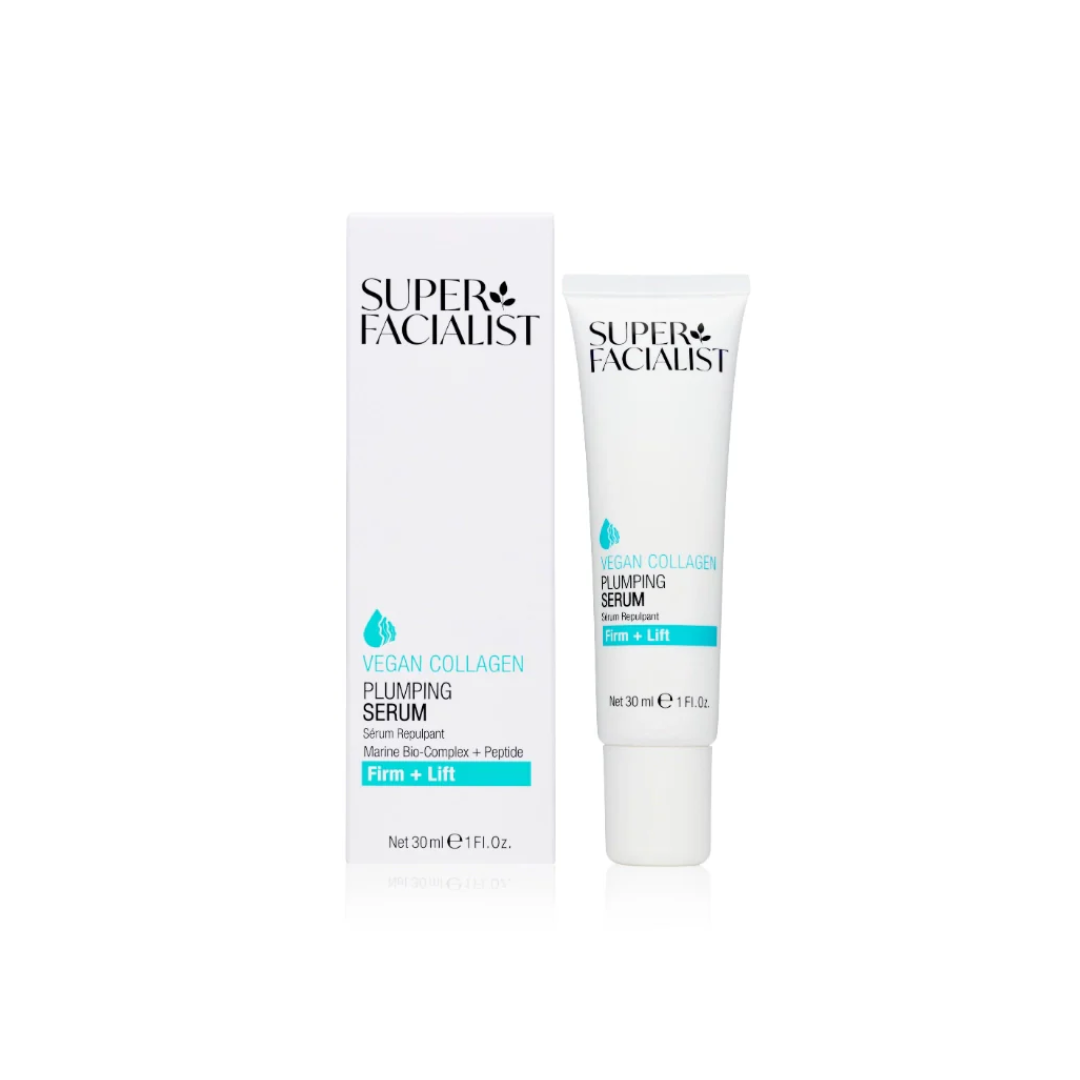 Super Facialist Vegan Collagen Plumping Serum 30 ml — tube et boîte, sérum repulpant fermeté