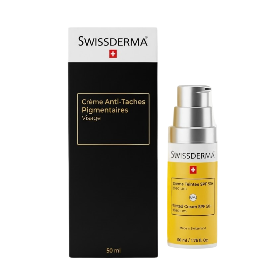 Pack Swissderma Crème Anti-Taches Pigmentaires 50 ml et Écran Teinté Medium SPF50+ 50 ml, boîte noire et flacon jaune