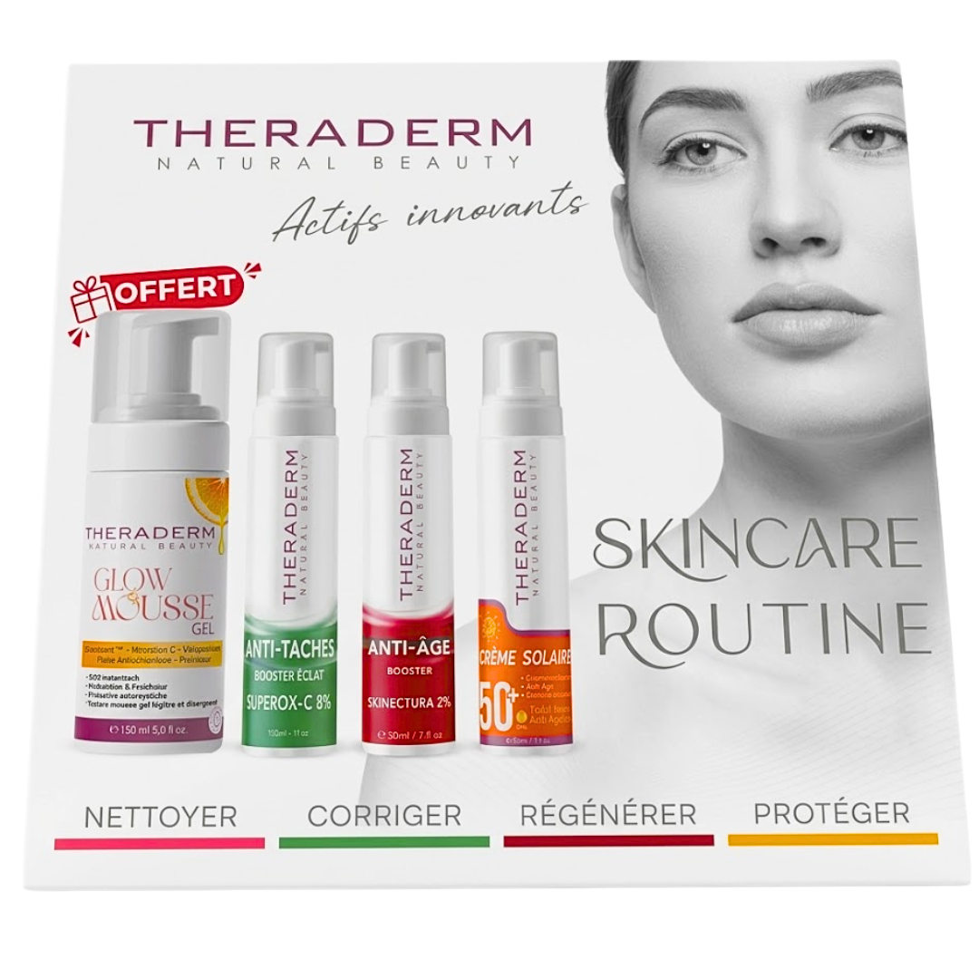 Theraderm pack Skincare Routine, quatre flacons : mousse nettoyante, anti-taches, anti-âge et crème solaire