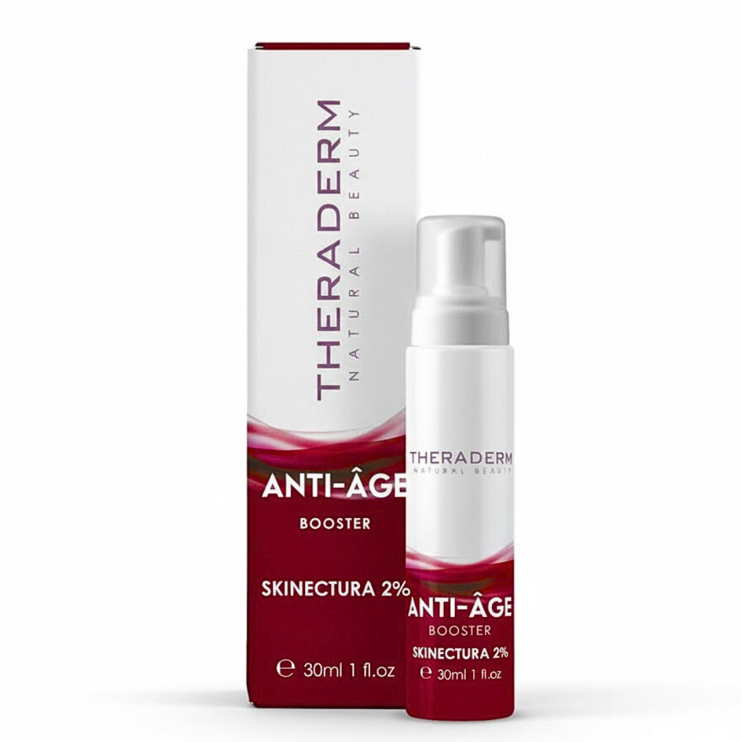 Theraderm Anti-Âge Booster Skinectura 2 %, boîte et flacon pompe blanc et bordeaux