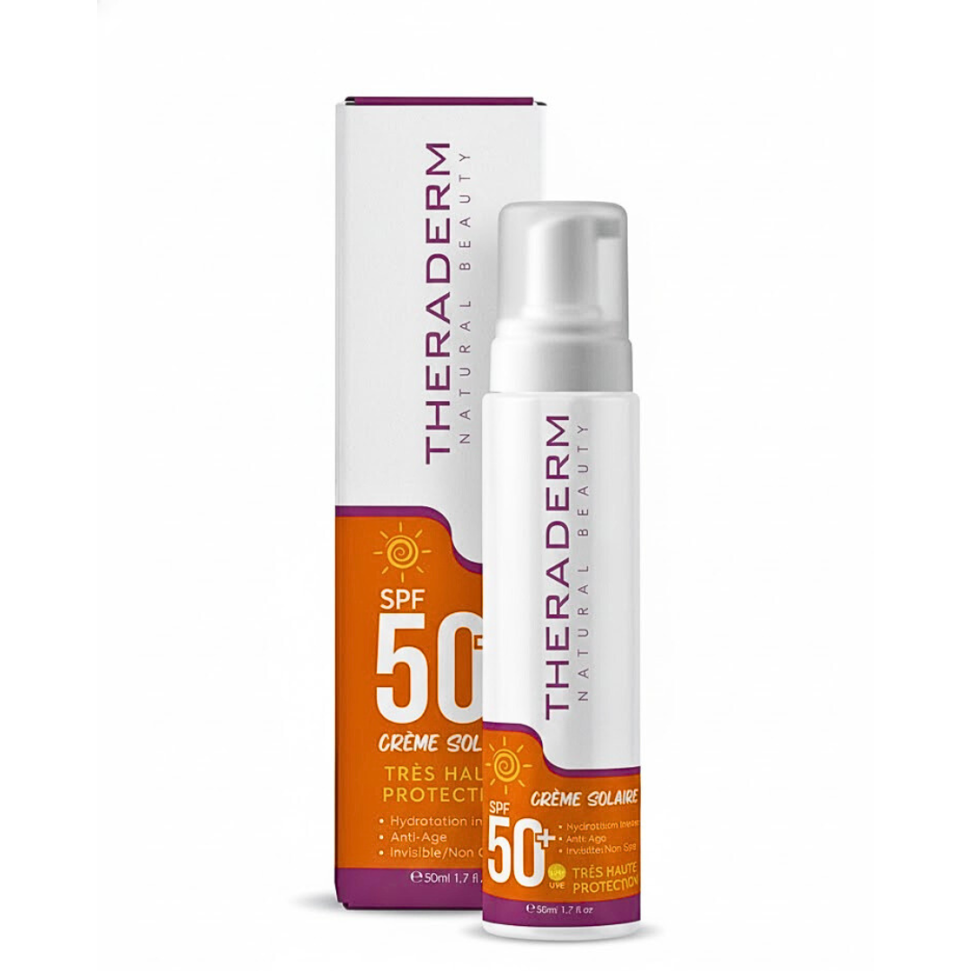 Theraderm crème solaire SPF50+ 50 ml, boîte et flacon pompe blanc et orange, très haute protection