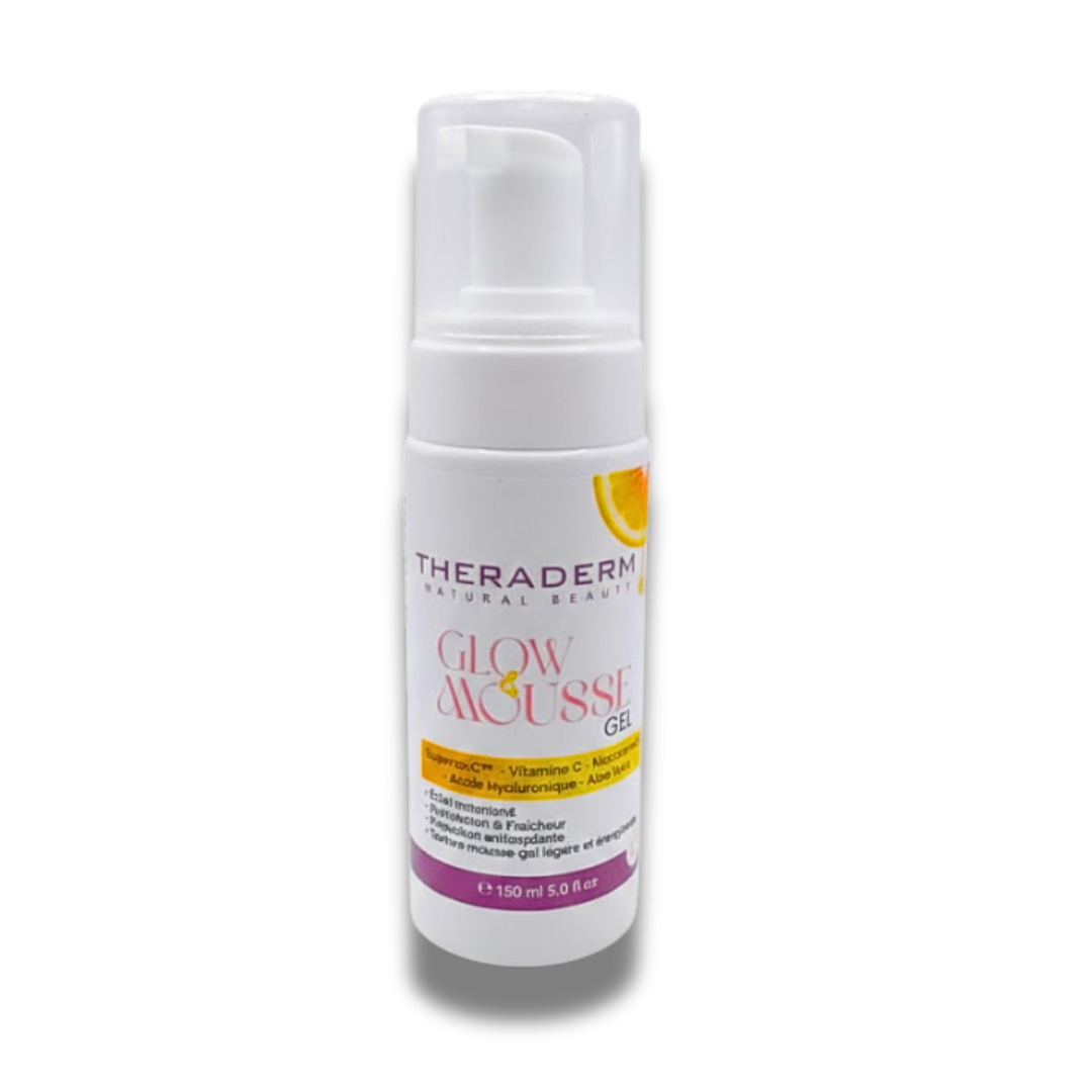 Theraderm Glow Mousse Gel 150 ml, flacon pompe blanc, nettoyant visage éclat à la vitamine C