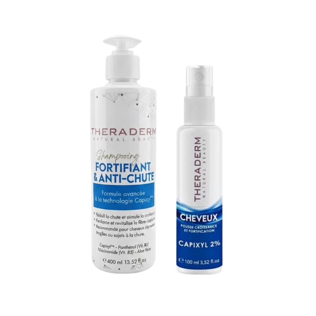 Theraderm pack anti-chute, shampooing fortifiant Capixyl 400 ml et spray Capixyl 2 %