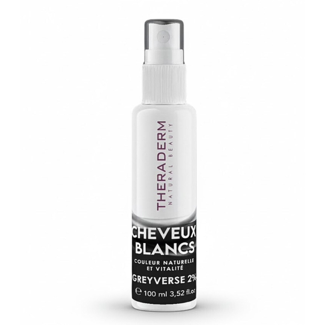 Theraderm spray cheveux blancs Greyverse 2 %, flacon spray blanc et noir