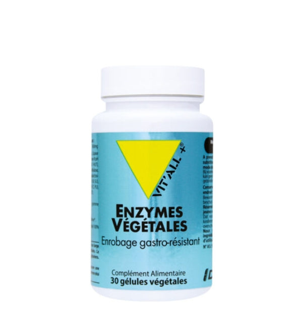 Vit'all+ Enzymes végétales, flacon bleu de 30 gélules à enrobage gastro-résistant