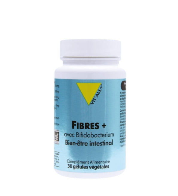 Vit'all+ Fibres Plus avec Bifidobacterium, flacon bleu de 30 gélules végétales, bien-être intestinal