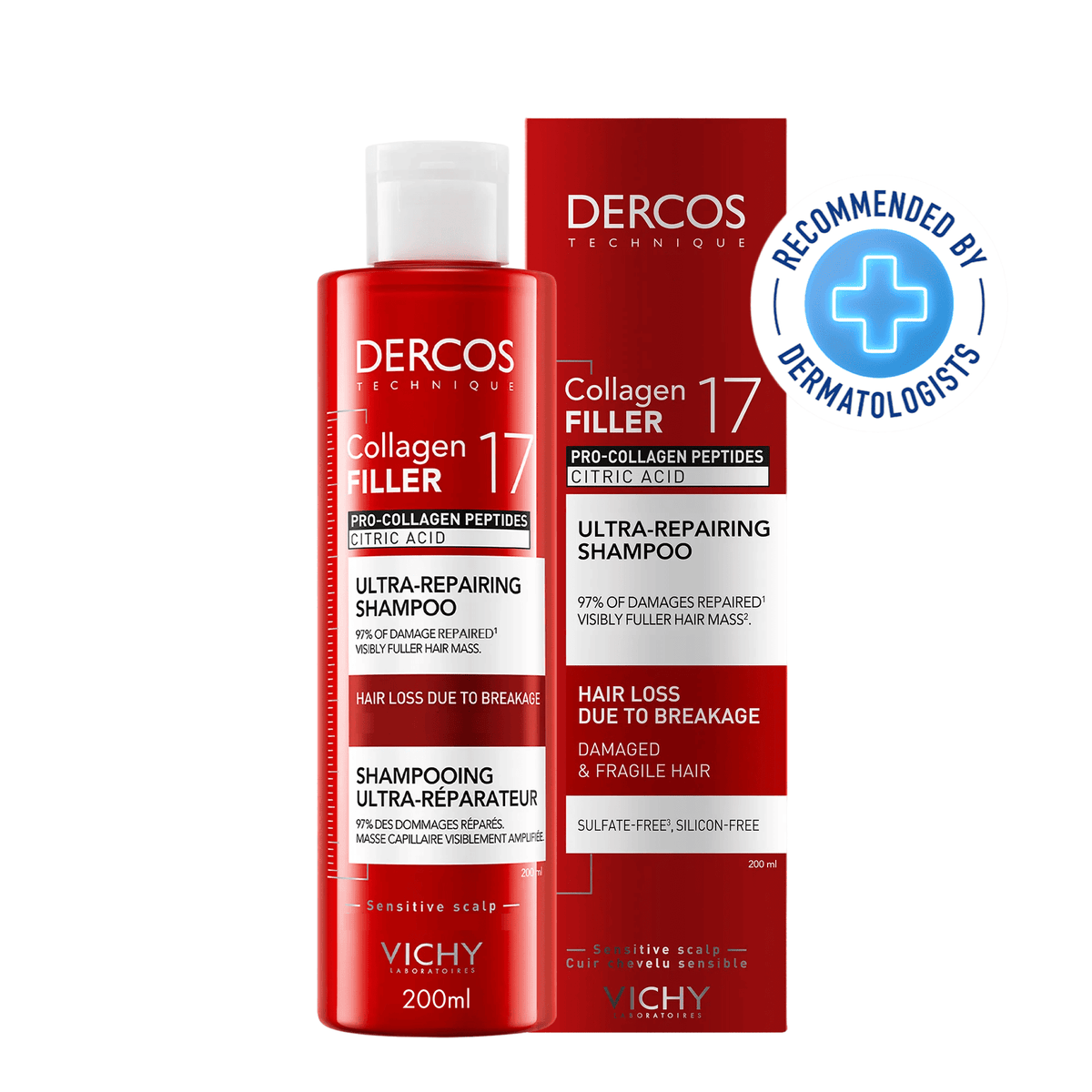 Vichy Dercos Shampooing Ultra-Réparateur Collagen 17 Filler 200ml — Peptides Pro-Collagène Acide Citrique