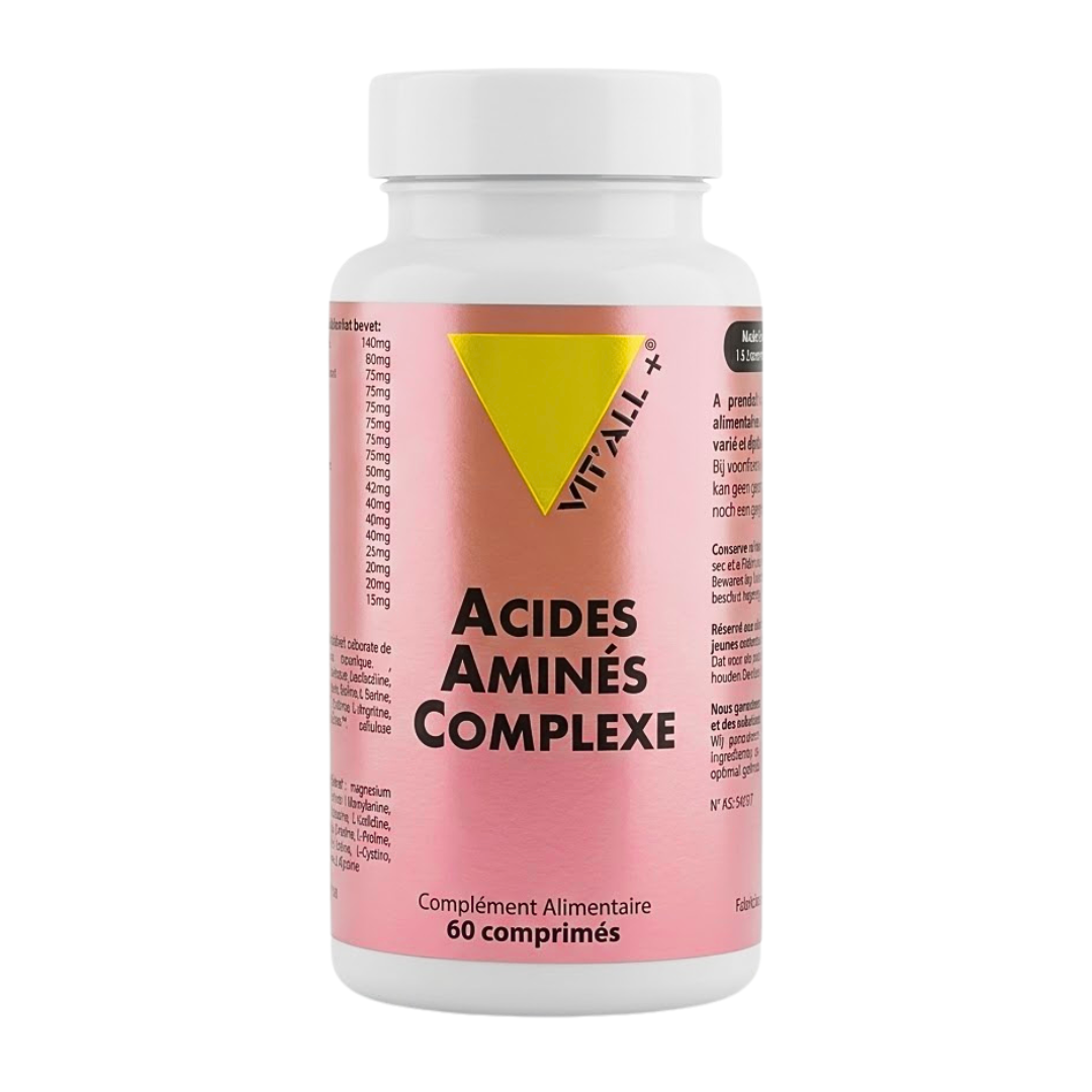 Vit'all+ Acides Aminés Complexe, flacon rose de 60 comprimés, complément de 17 acides aminés
