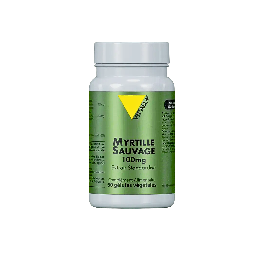 Vit'all+ Myrtille sauvage 100 mg extrait standardisé, flacon vert de 60 gélules végétales