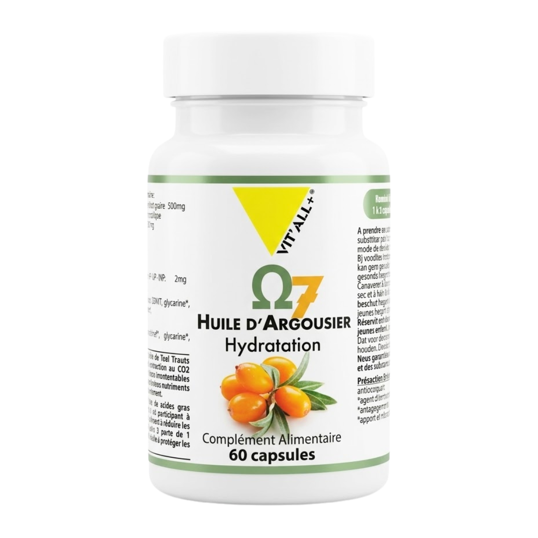 Vit'all+ Oméga 7 huile d'argousier 500 mg, flacon de 60 capsules, hydratation de la peau