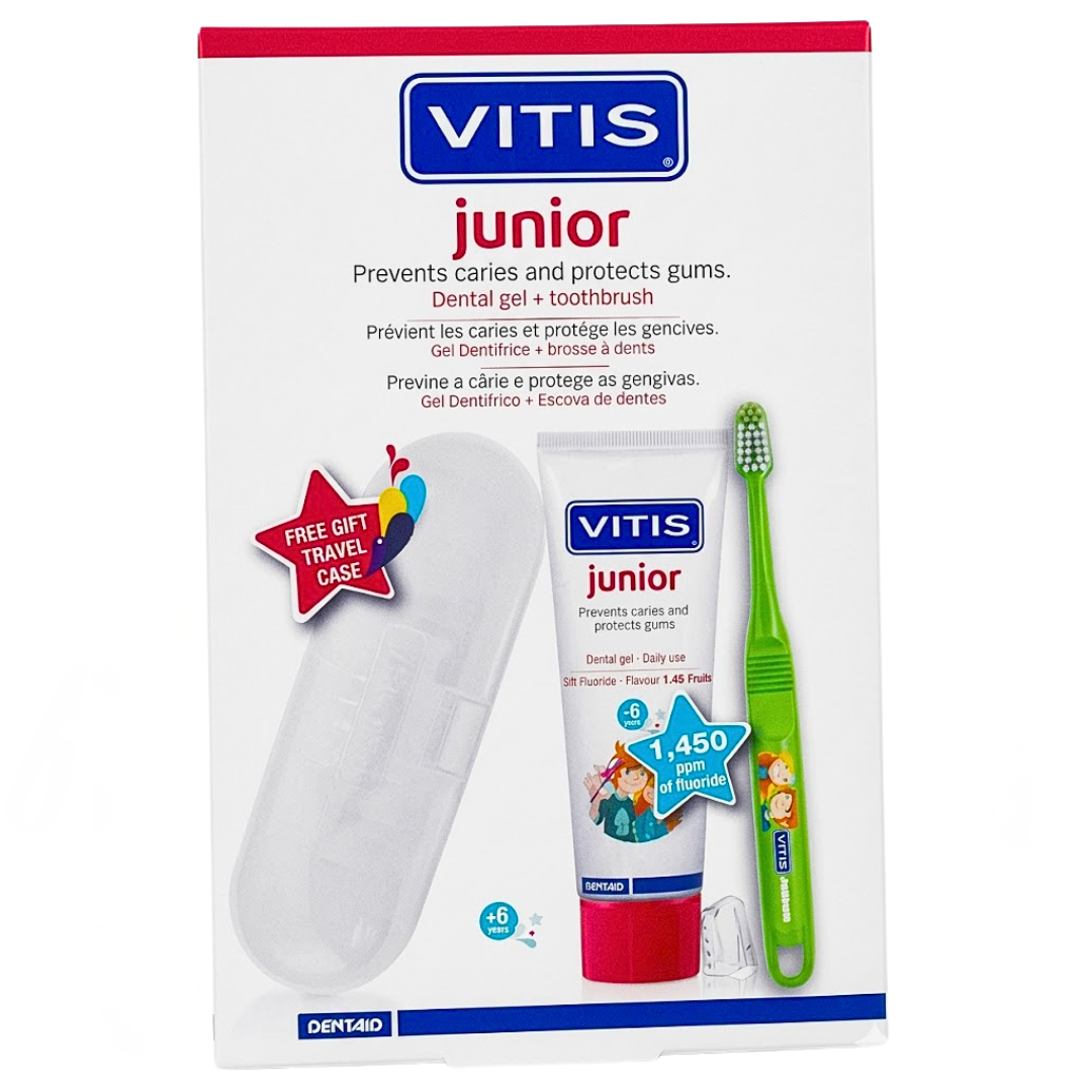 VITIS Junior Pack Dentifrice Gel + Brosse à Dents + Boîte de Rangement Enfant