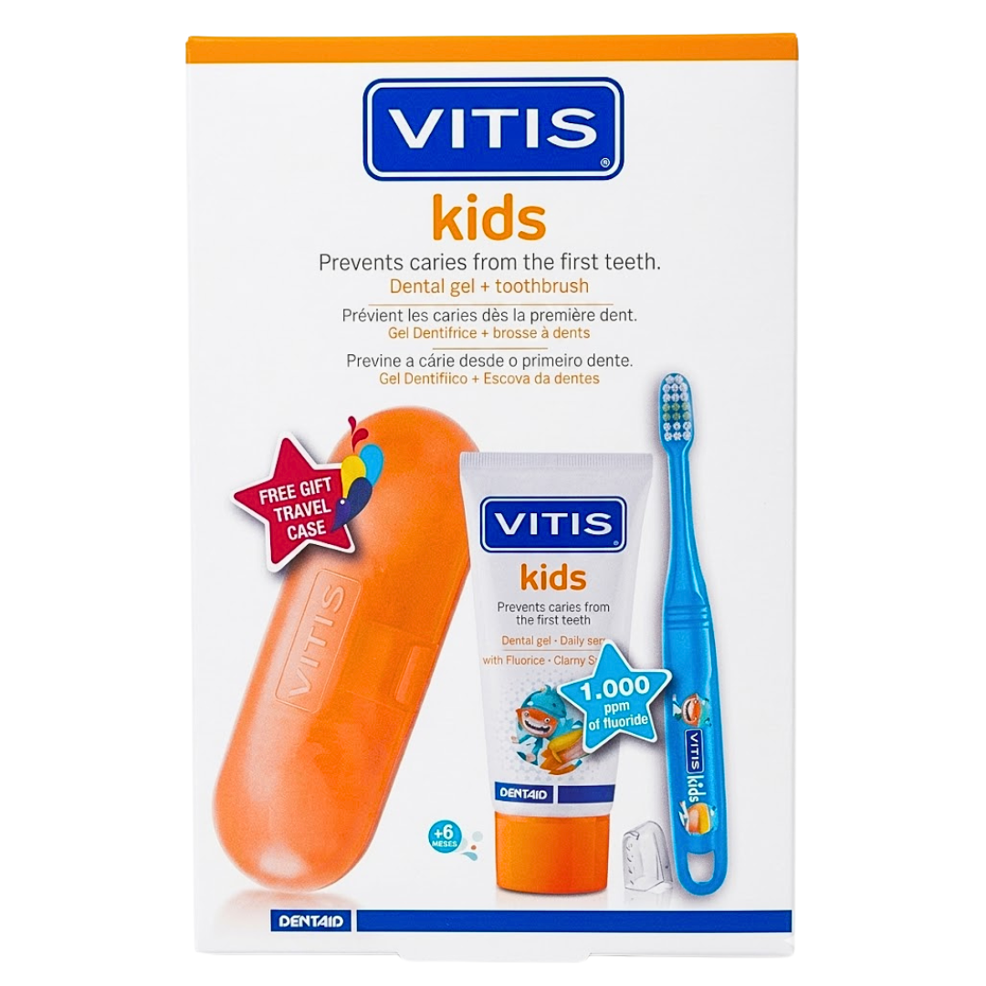 Vitis Kids pack — coffret gel dentifrice, brosse à dents et étui orange