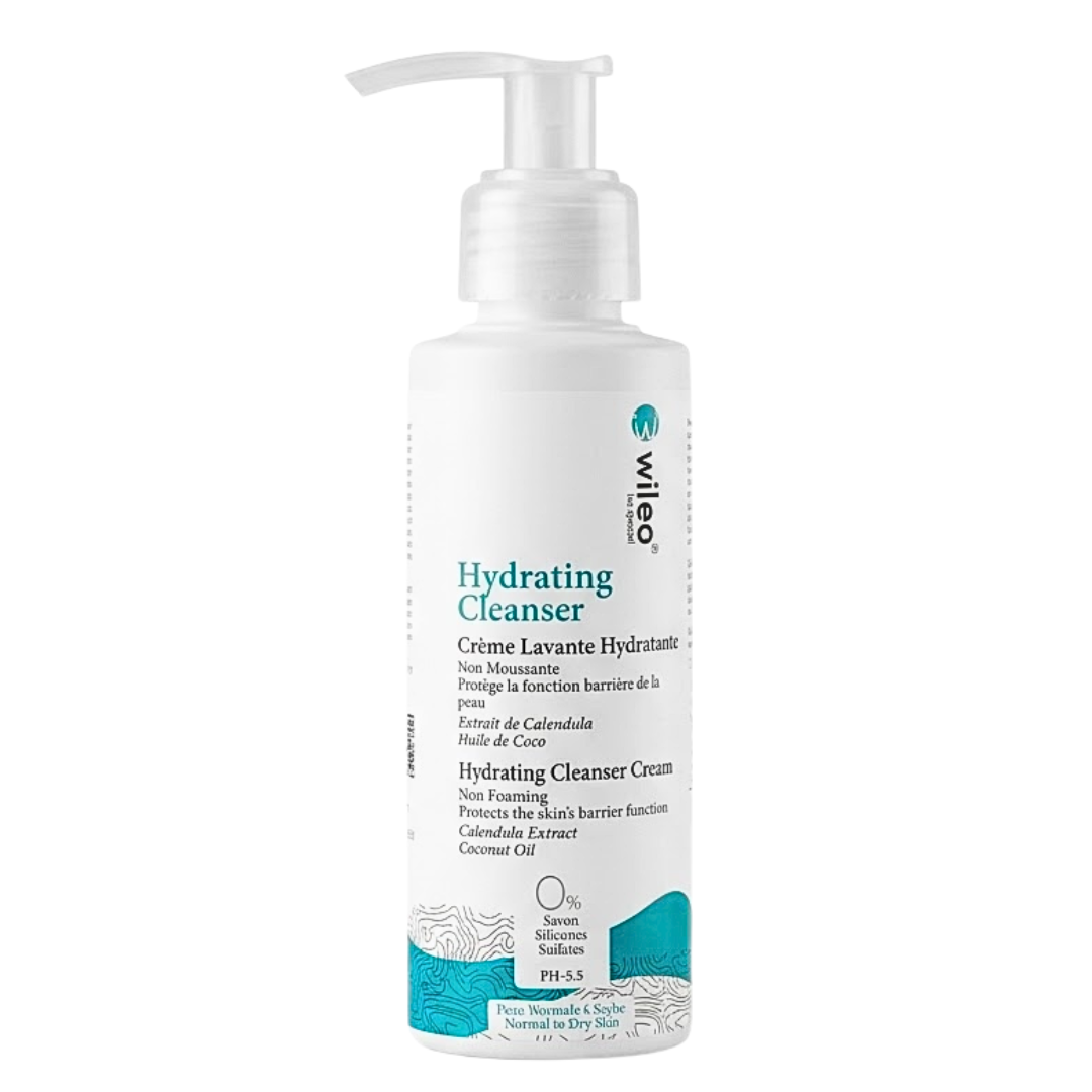 Wileo Hydrating Cleanser crème lavante hydratante 250 ml, flacon pompe blanc et turquoise, peau sèche