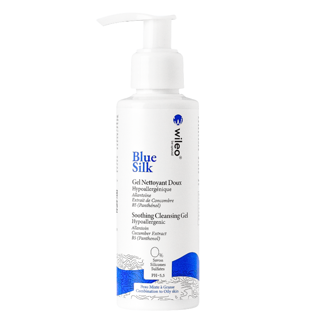 Wileo Blue Silk gel nettoyant doux 250 ml, flacon pompe blanc et bleu, peau mixte à grasse