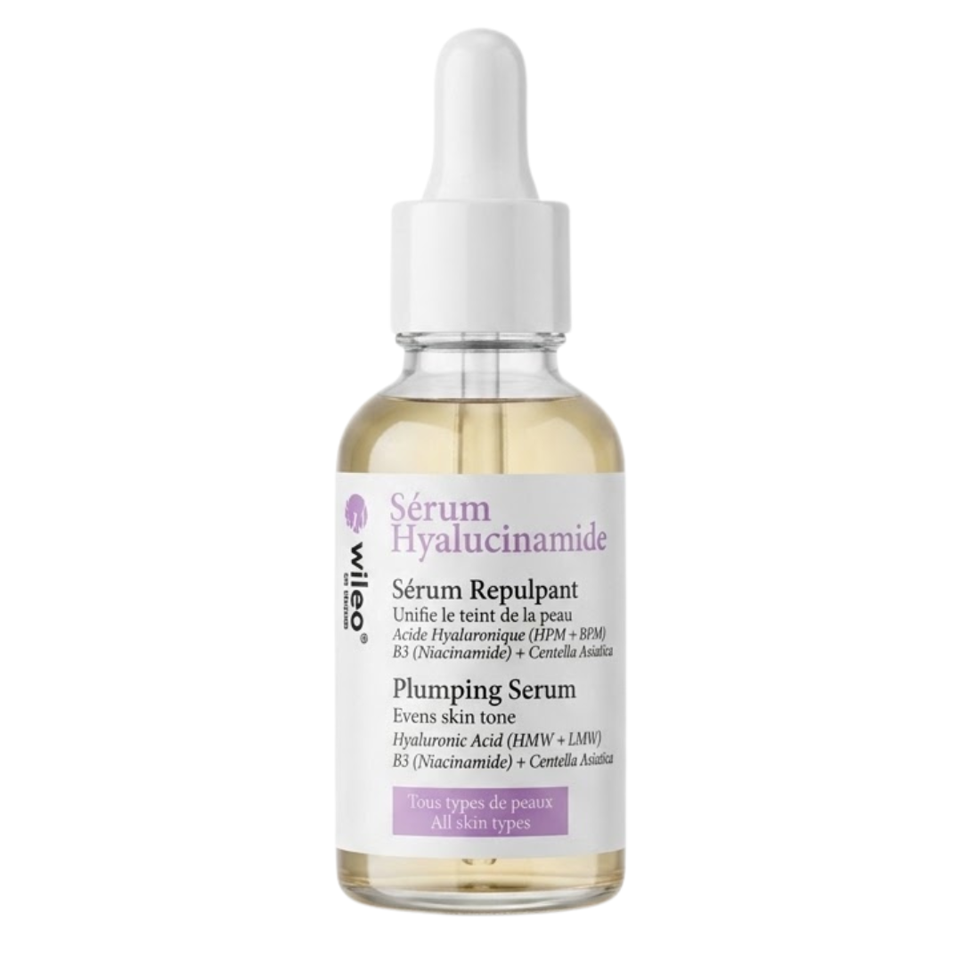 Wileo Sérum Hyalucinamide repulpant, flacon compte-gouttes, acide hyaluronique, niacinamide et centella