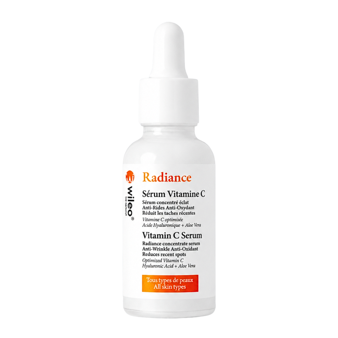 Wileo Radiance Sérum Vitamine C, flacon compte-gouttes blanc et orange, sérum éclat anti-oxydant