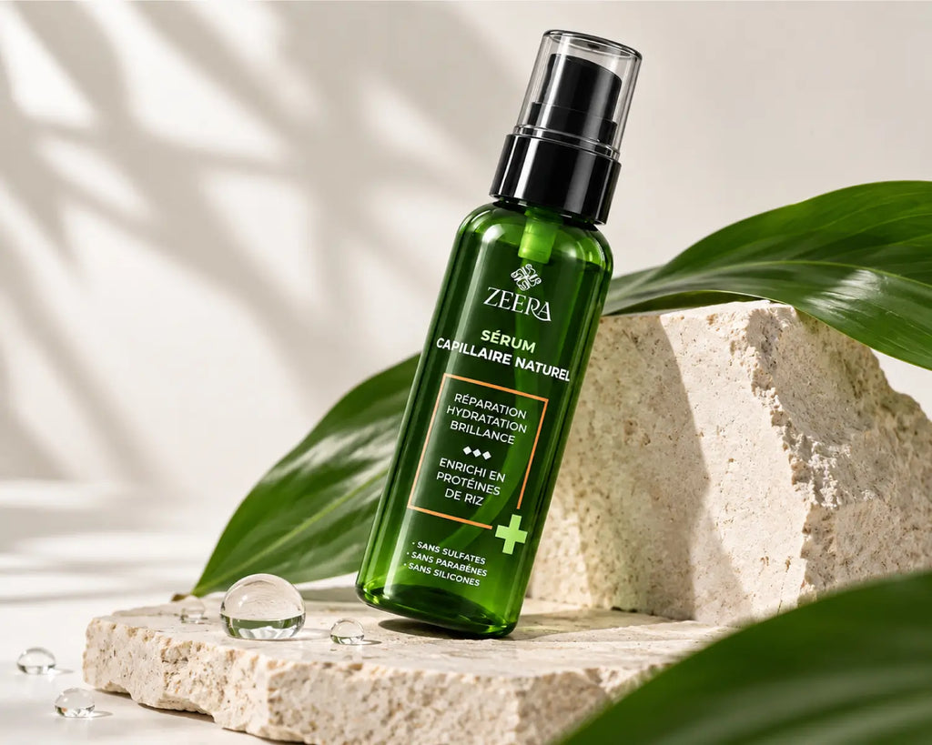 Actifs du sérum capillaire Zeera : protéines de riz, vitamine B5 et huile de jojoba