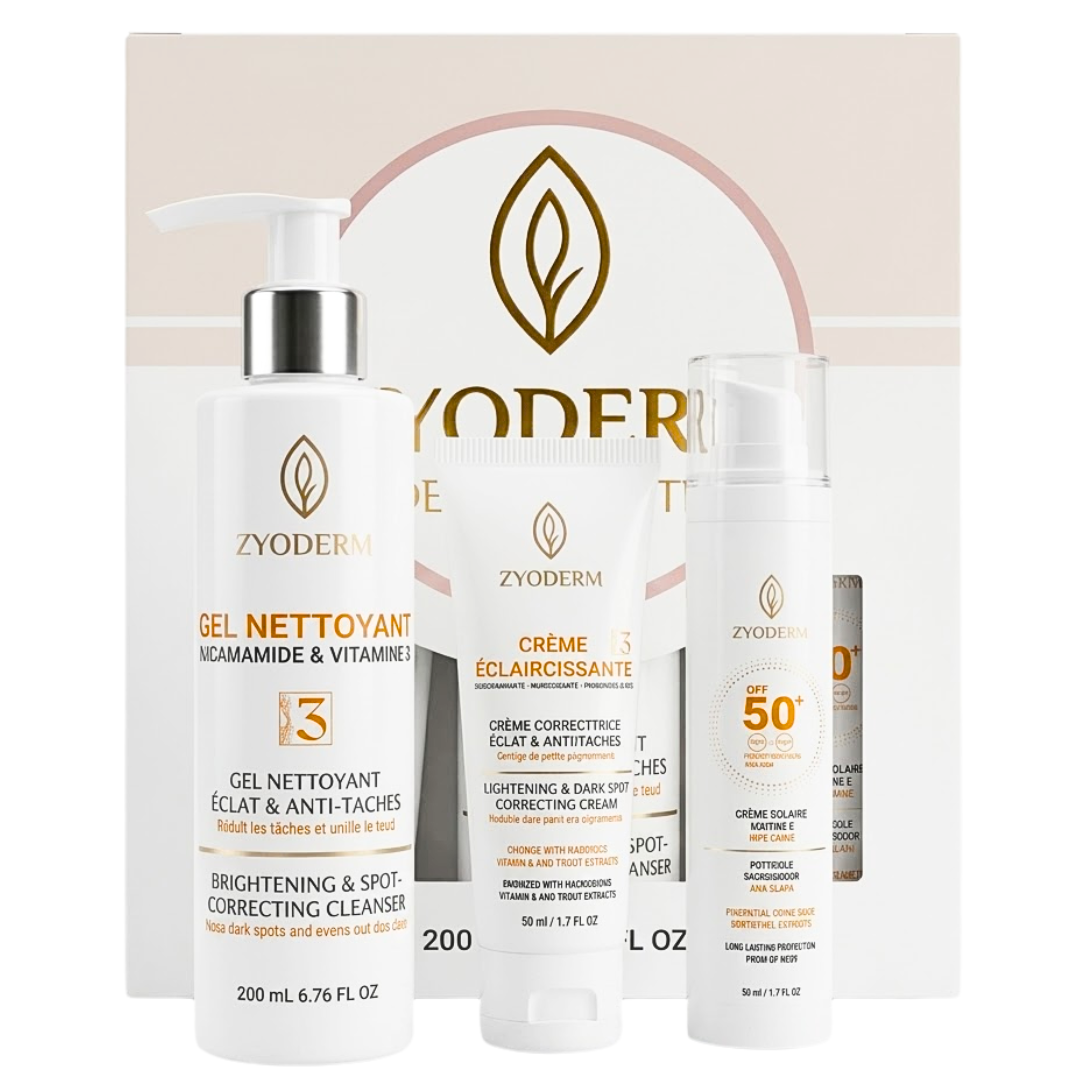 Zyoderm coffret éclat : gel nettoyant, crème éclaircissante et crème solaire SPF50+