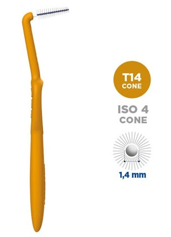 Curasept Proxi Angle Treatment T14 Cone — blister de brossettes coudées 1,4 mm, code couleur ocre