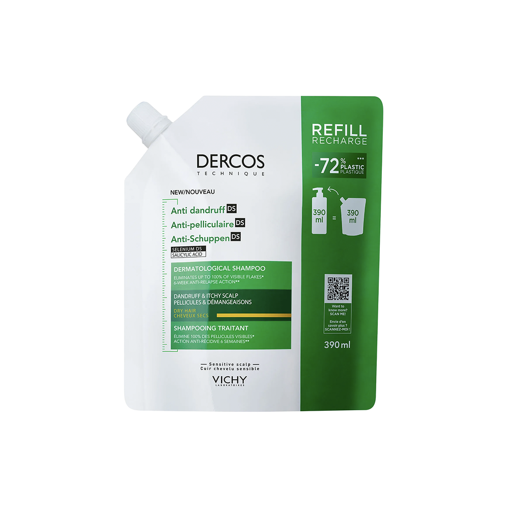 Vichy Dercos Anti-Pelliculaire DS Cheveux Secs Éco-Recharge 390ml — sachet de recharge, vue produit