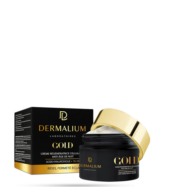 Dermalium Gold crème régénératrice cellulaire anti-âge de nuit 50 ml, pot noir et doré avec sa boîte