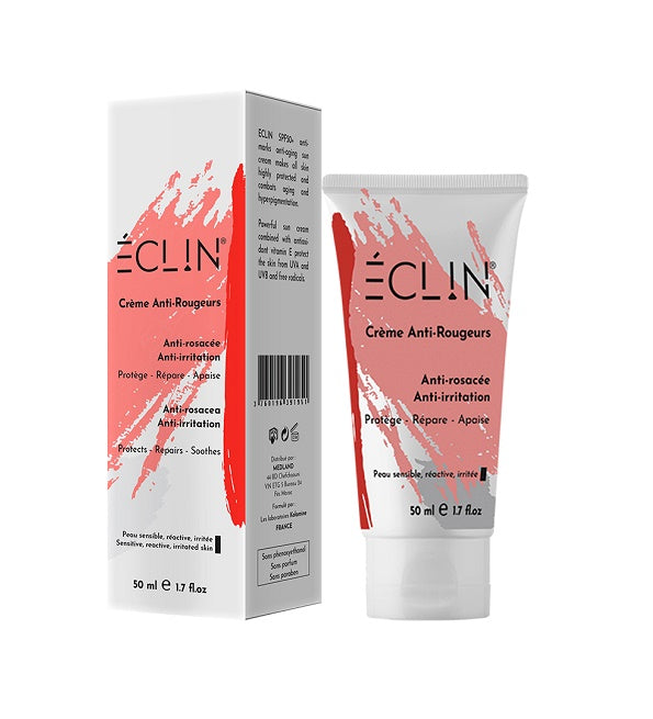 Eclin gamme anti-rougeurs 50 ml, tube et étui rouge, soin des peaux sensibles