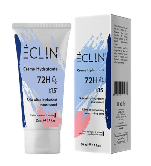 Eclin crème hydratante 72H SPF15 50 ml, tube et étui bleu de la gamme hydratante