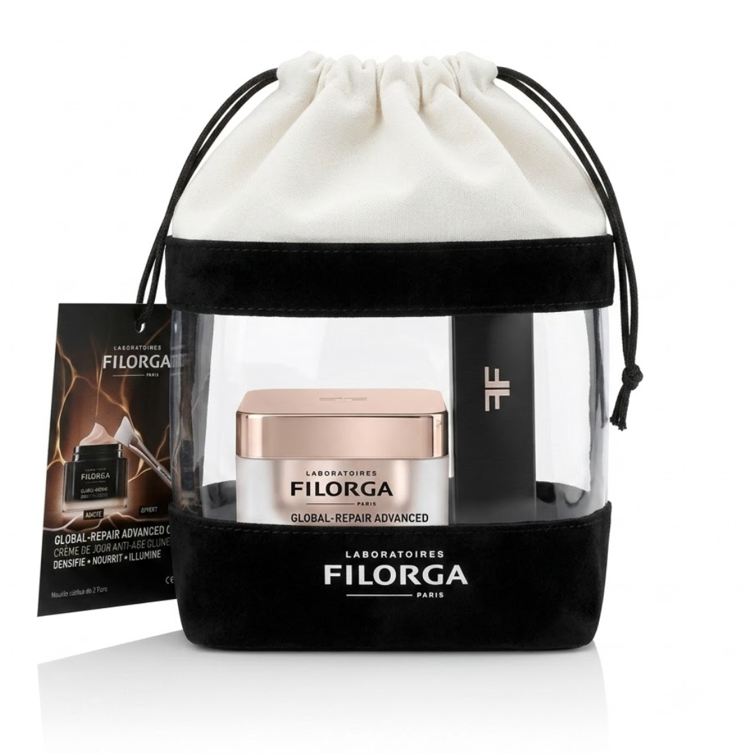 Trousse Filorga Global-Repair Advanced, crème 50 ml rose dorée dans une trousse noire et blanche