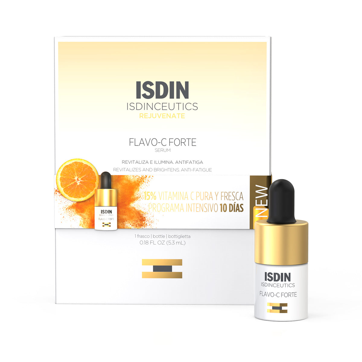 ISDIN Flavo-C Forte sérum vitamine C 15 % — boîte et flacon de 5,3 ml, format 10 jours