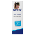 Kapulox lotion capillaire Confort et Brillance, étui blanc et bleu avec photo d'enfant