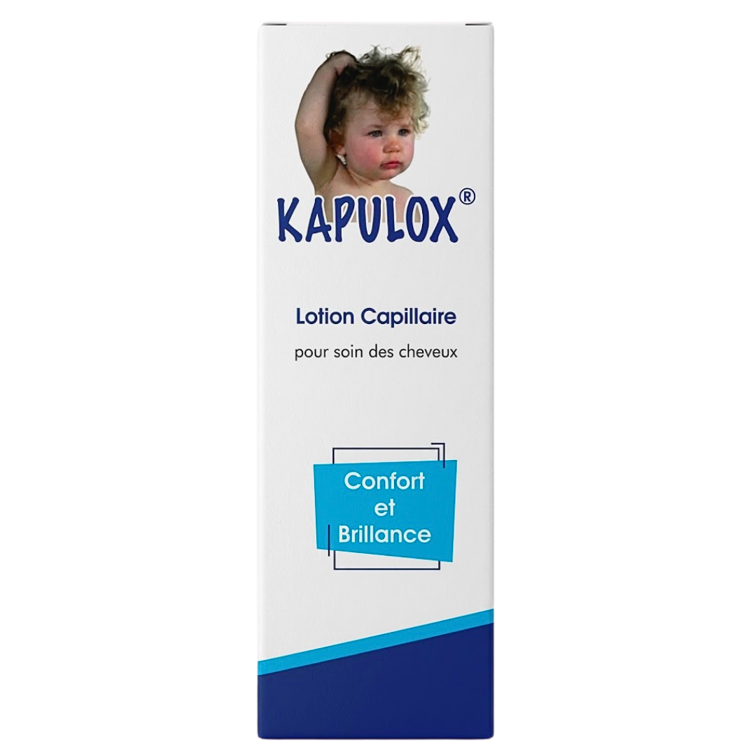 Kapulox lotion capillaire Confort et Brillance, étui blanc et bleu avec photo d'enfant