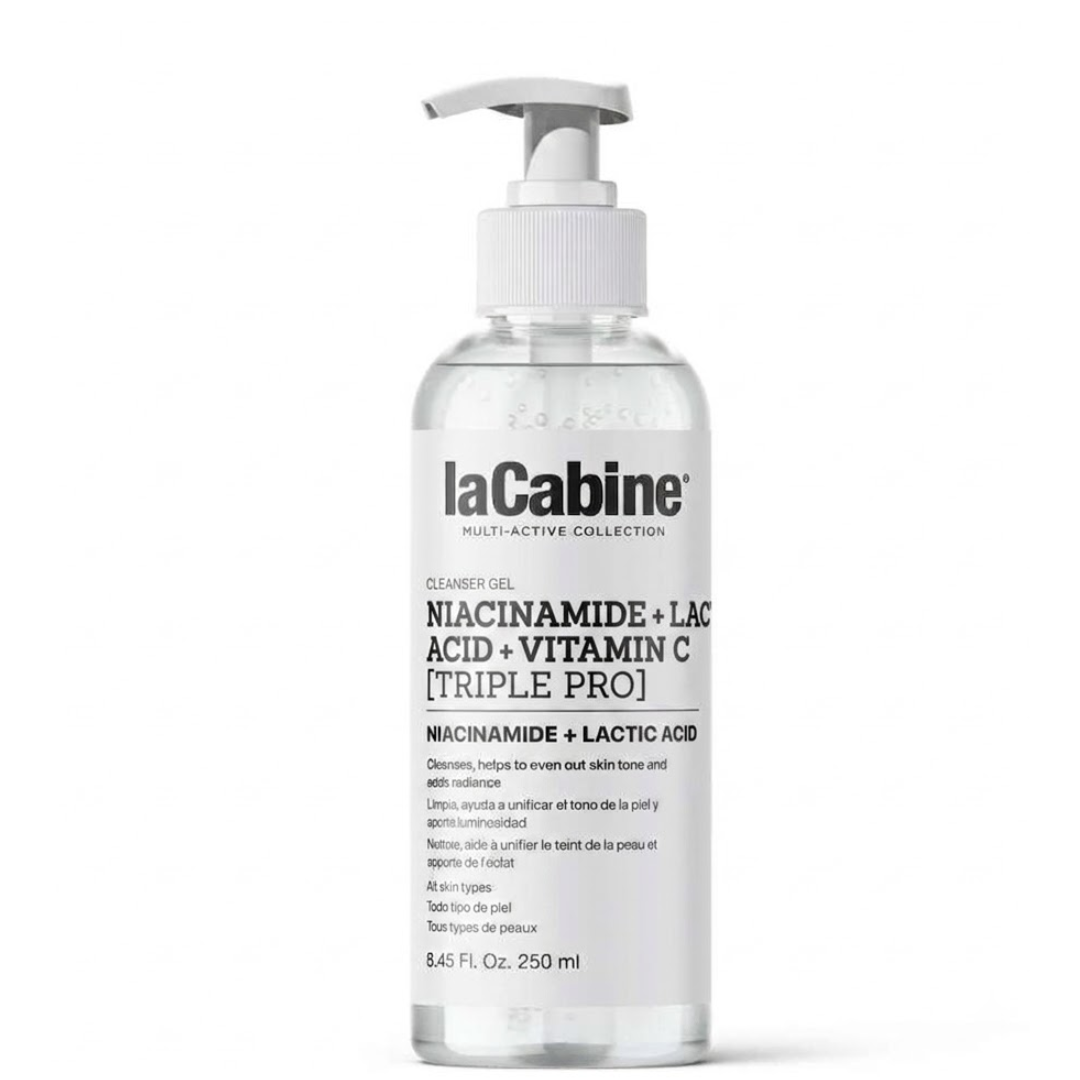 La Cabine Niacinamide Pro gel nettoyant visage 250 ml, flacon pompe transparent, niacinamide et acide lactique