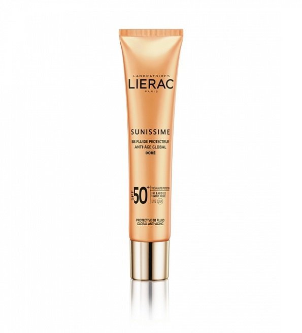 Lierac Sunissime BB Fluide Protecteur Doré Anti-Âge Global SPF50+ 40 ml, tube doré, crème solaire teintée