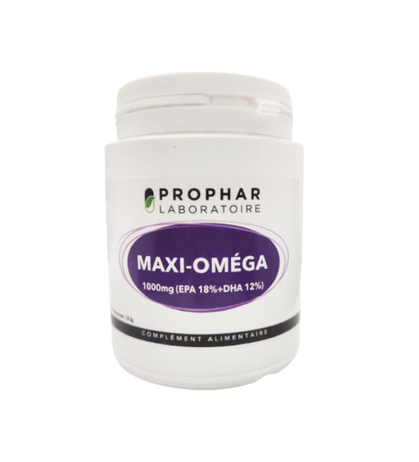 Prophar Maxi-Oméga 3 1000 mg EPA 18 % DHA 12 %, pilulier blanc de 100 capsules, étiquette violette