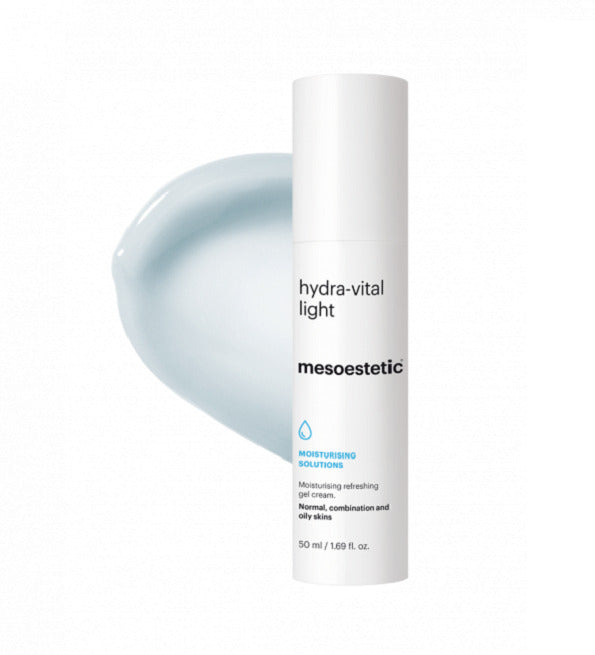 Mesoestetic Hydra-Vital Light 50 ml, flacon airless blanc et texture gel-crème, hydratant peaux mixtes à grasses