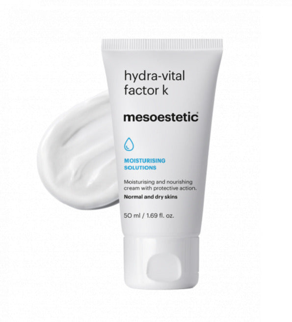 Mesoestetic Hydra-Vital Factor K 50 ml, tube blanc et texture crème, soin riche peaux normales à sèches
