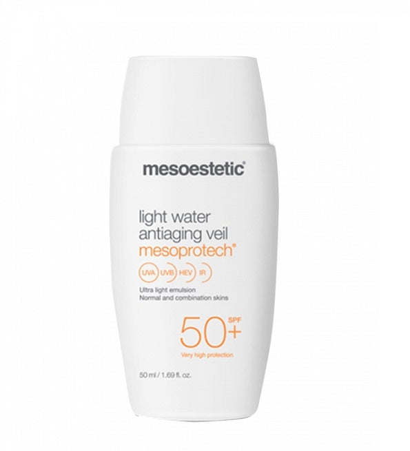Mesoestetic Mesoprotech Water Veil SPF50+ 50 ml, flacon blanc, écran solaire visage ultra-léger