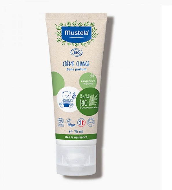 Mustela Crème Change Bio Sans Parfum 75ml — tube, crème de change bébé à l'huile d'olive bio