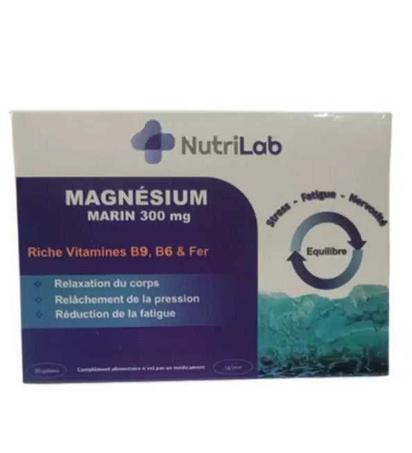 Nutrilab Magnésium Marin 300 mg, étui violet de 30 gélules, riche en vitamines B9, B6 et fer
