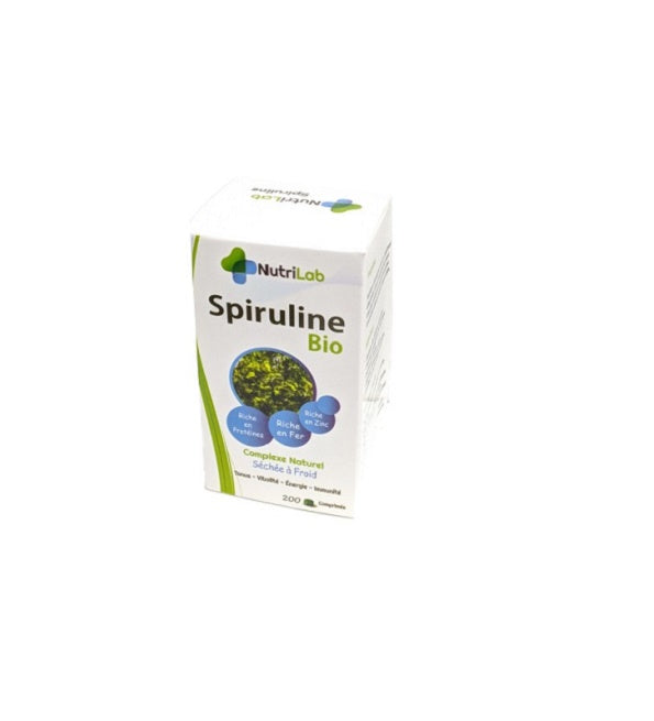 Nutrilab Spiruline Bio, boîte de comprimés, complexe naturel séché à froid riche en protéines, fer et zinc