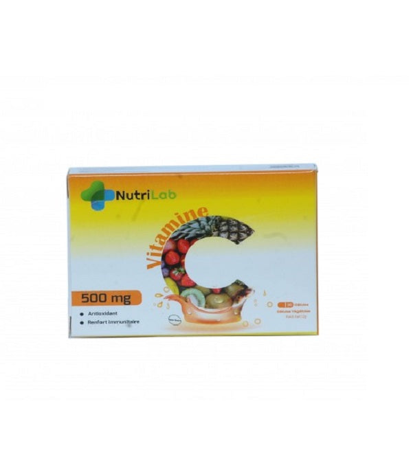 Nutrilab Vitamine C 500 mg, étui jaune de 30 gélules végétales, antioxydant et renfort immunitaire