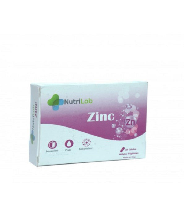 Nutrilab Zinc, étui de 30 gélules végétales, complément immunité, peau et antioxydant