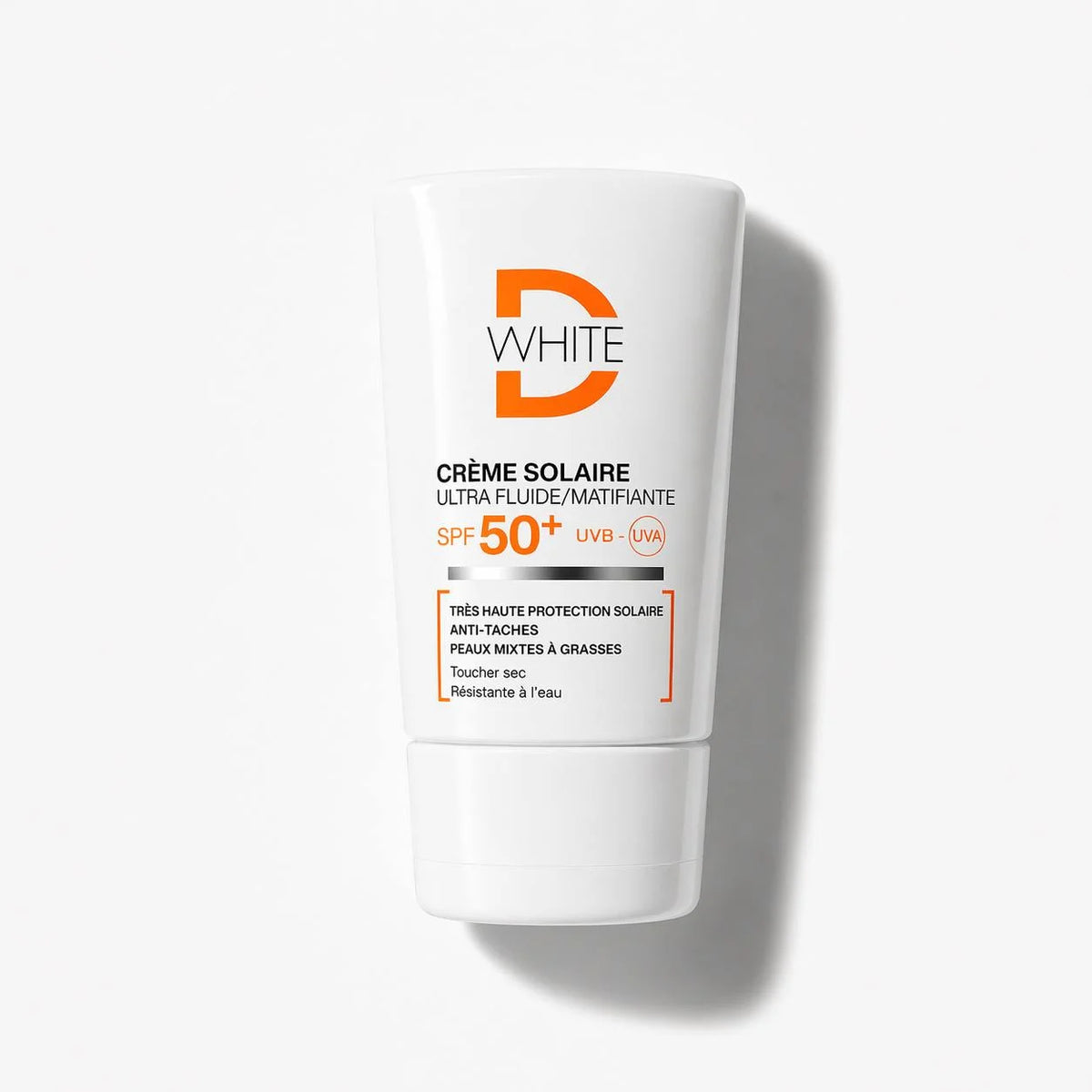 D.White Crème Solaire Ultra Fluide Matifiante SPF50+ 40ml — tube, solaire visage toucher sec pour peaux mixtes à grasses