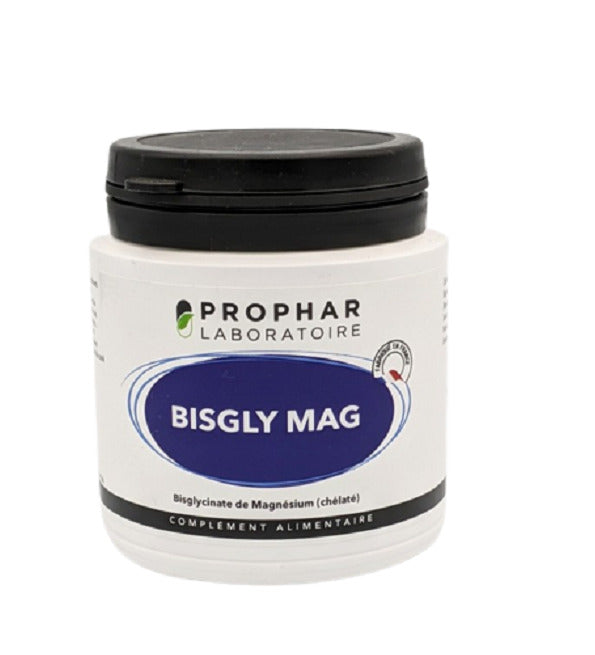 Prophar Bisgly Mag bisglycinate de magnésium chélaté, pilulier blanc de 50 gélules, étiquette bleue