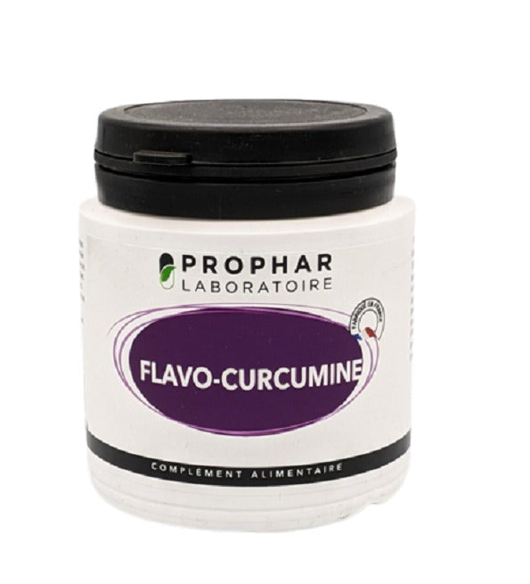 Prophar Flavo-Curcumine, pilulier blanc de 50 gélules à couvercle noir, étiquette violette