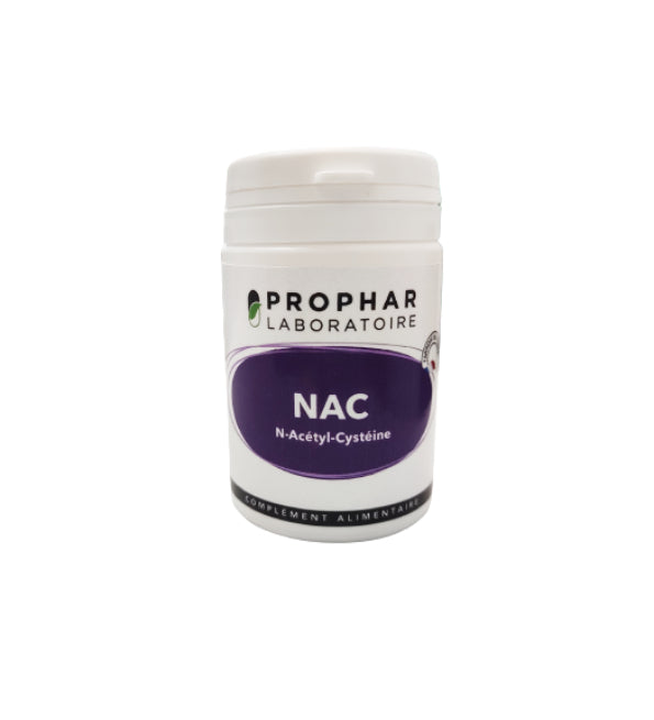 Prophar NAC N-acétyl-cystéine 600 mg, pilulier blanc de 50 gélules, étiquette violette