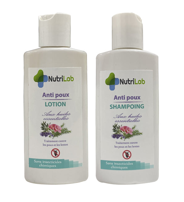 Nutrilab Anti-Poux lotion et shampooing aux huiles essentielles, deux flacons blancs de 125 ml